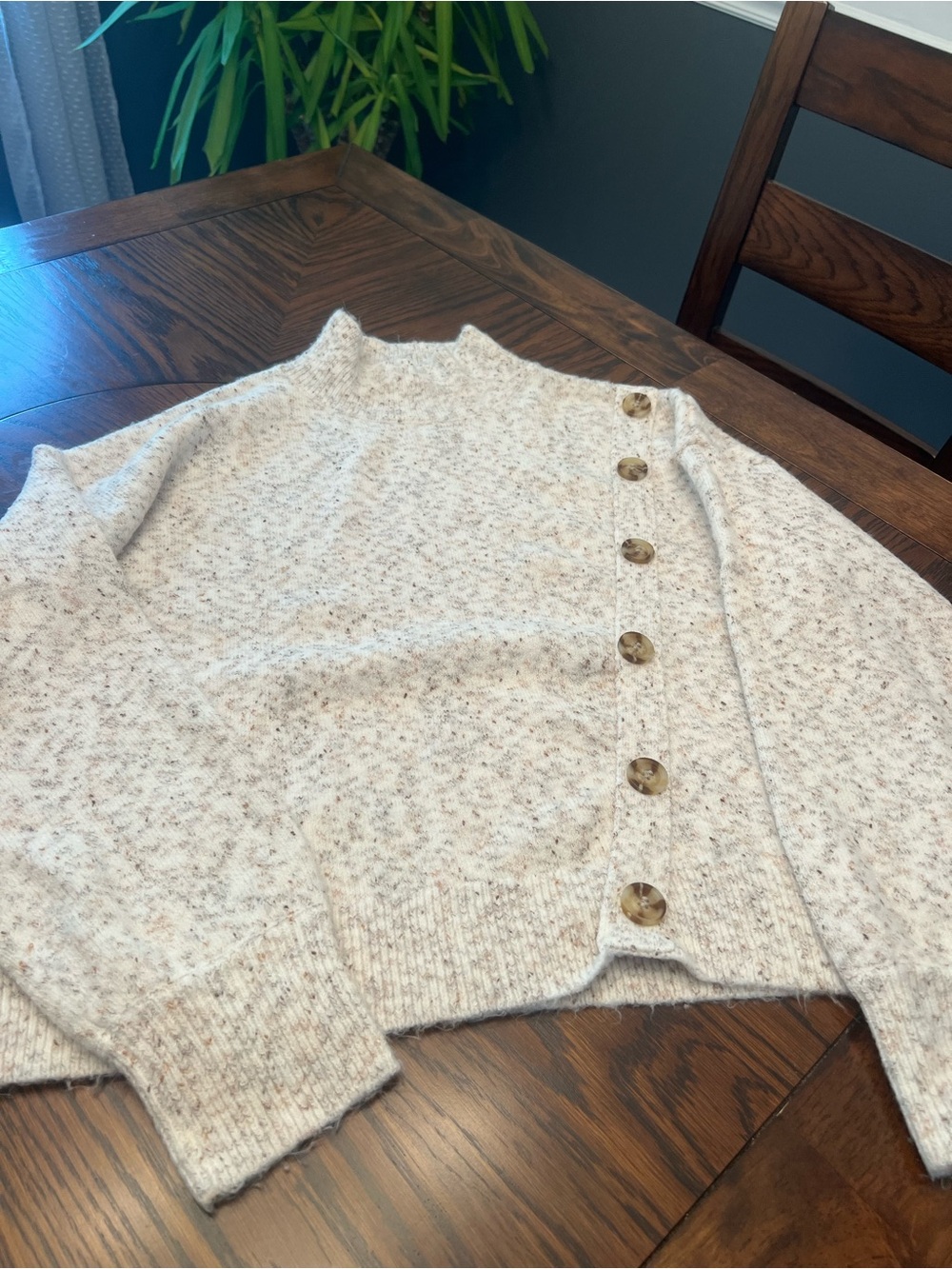 Hem & Thread Women’s S Ivory Speckled Knit Crew Neck Button Pullover Sweater#613